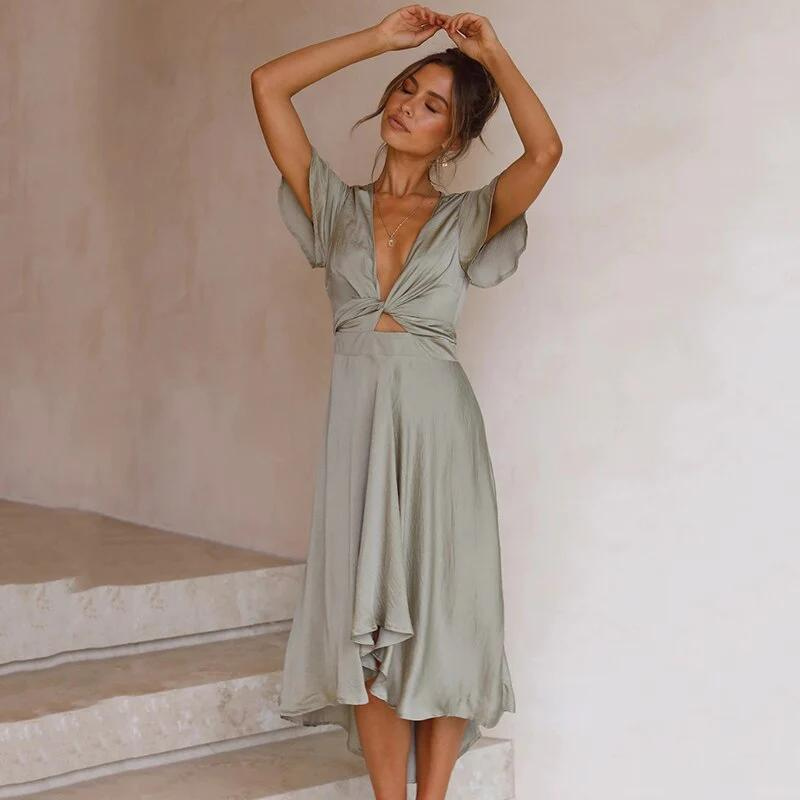 Women’s Flutter Sleeves Midi Dress with Twist Front