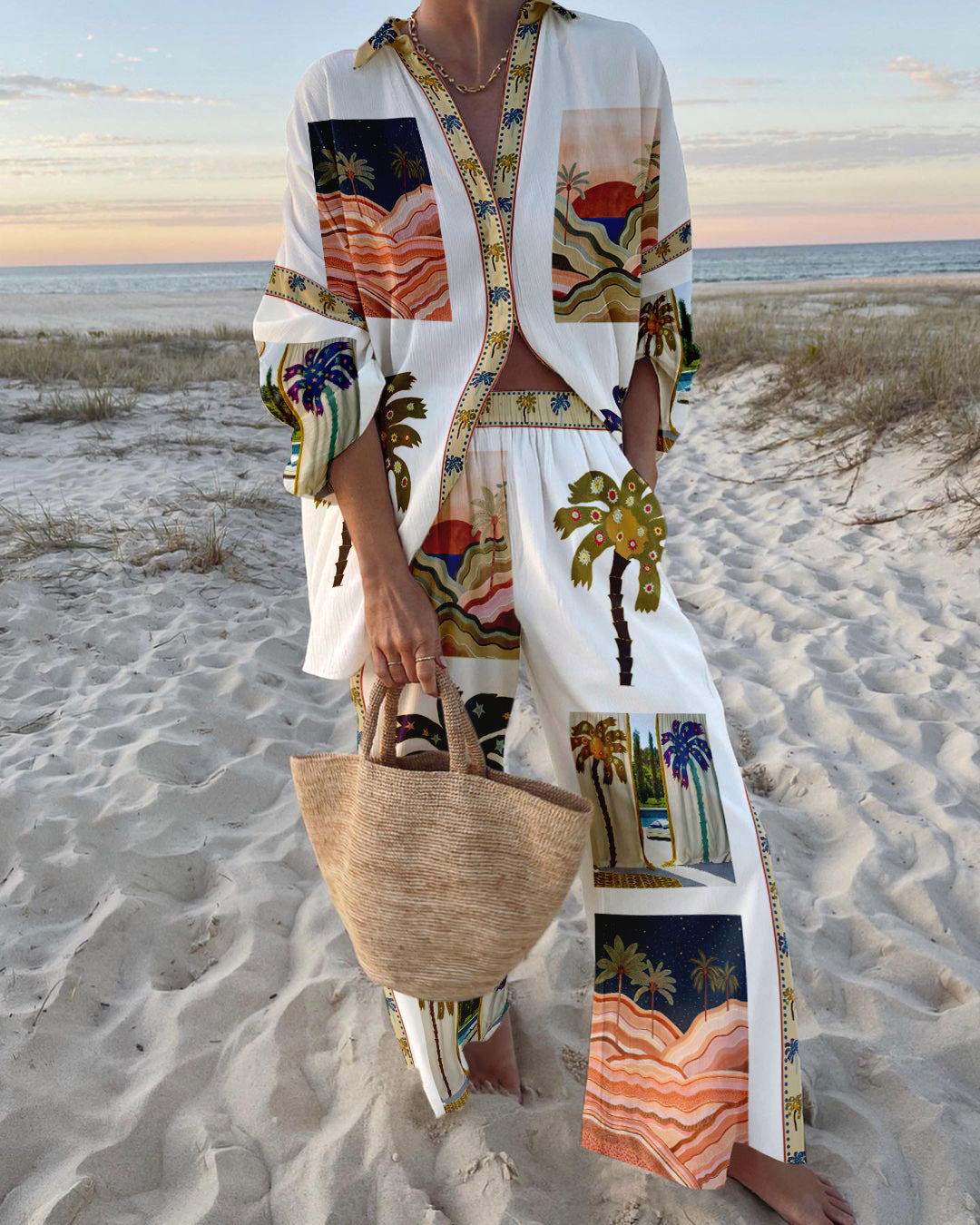 Women’s Printed Two-Piece Set with Palm Wide-Leg Trousers