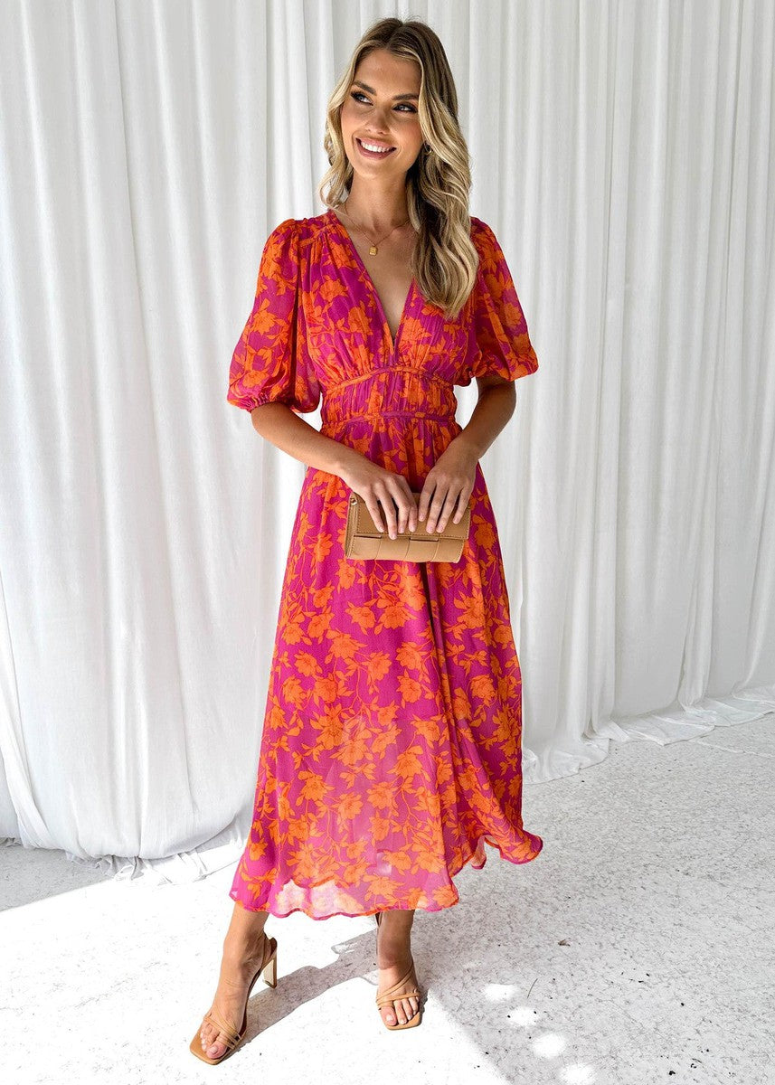 Women’s Floral Puff Sleeve Midi Cocktail Dress