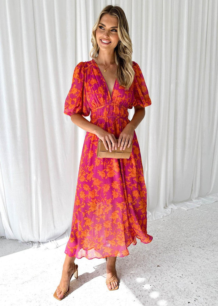 Women’s Floral Puff Sleeve Midi Cocktail Dress