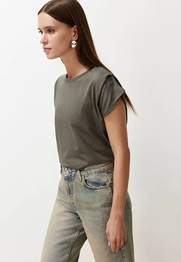 Solid Round Neck Short Sleeve T-shirt for Women