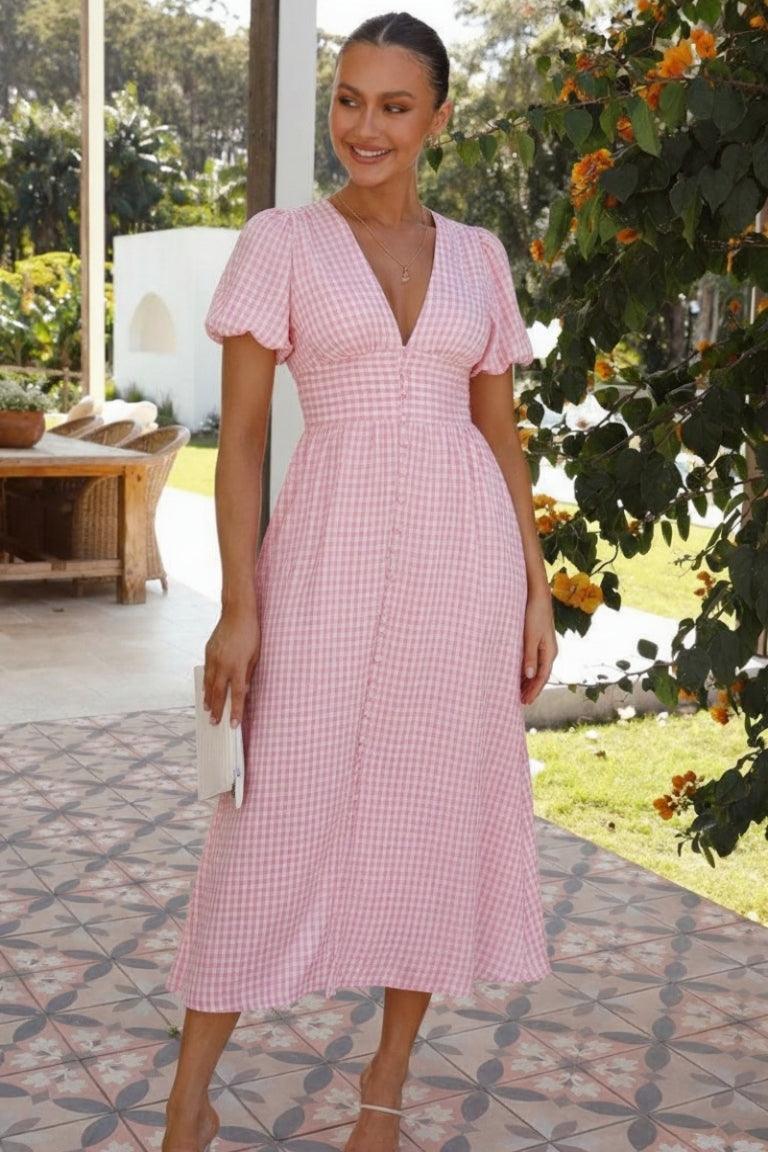 Women’s Midi Dress with Puff Sleeves and V-Neck
