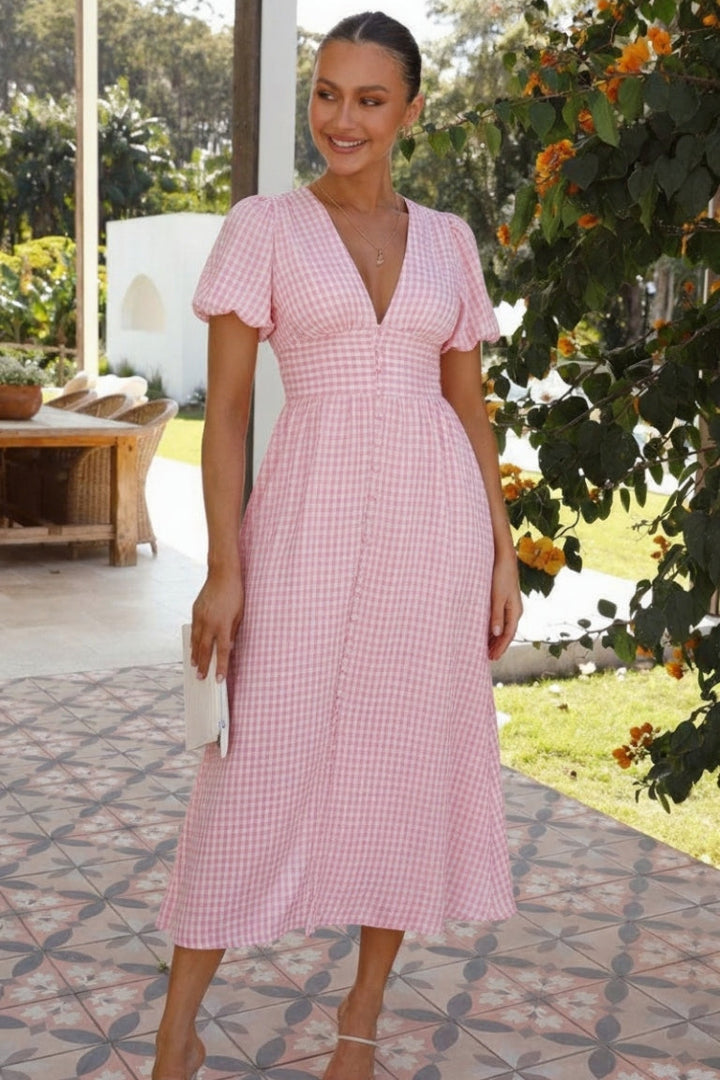 Women’s Midi Dress with Puff Sleeves and V-Neck
