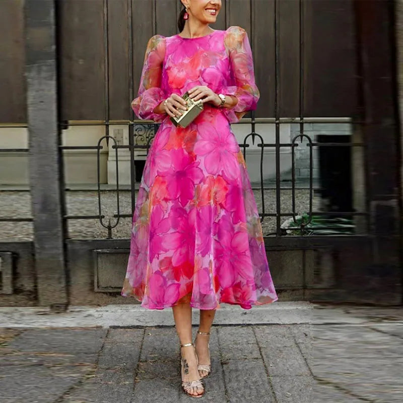Women’s Floral Midi Dress with Puff Sleeves for Wedding Guests