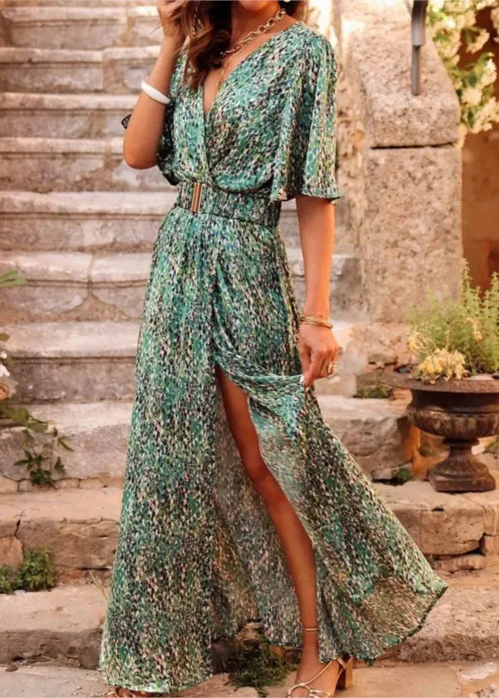 Women’s V-Neck Boho Maxi Dress with Side Split