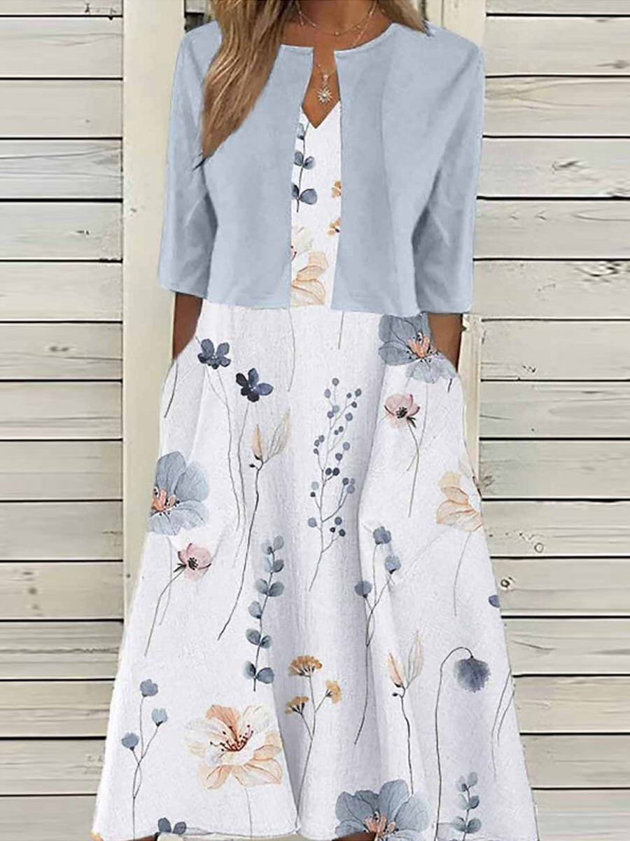 Women’s Floral V-Neck Dress | Two-Piece Midi