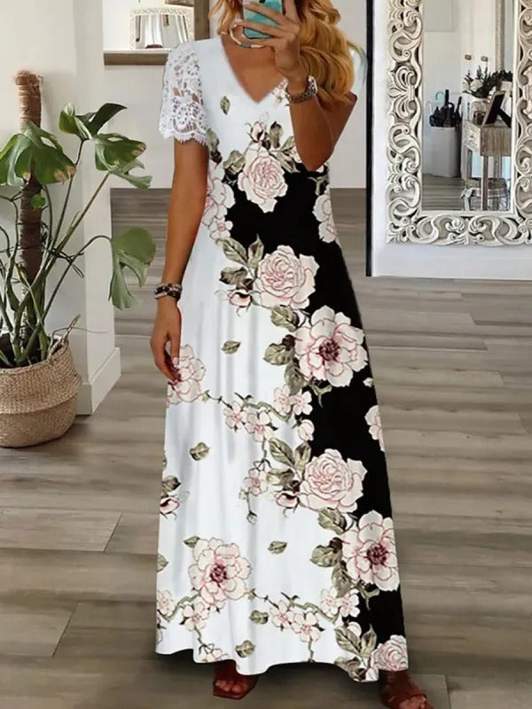 Women’s V-Neck Short Sleeve Dress | Floral Maxi
