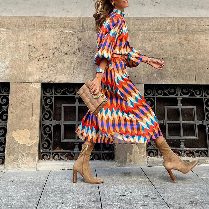 Women’s Printed Midi Dress with Waist Tie