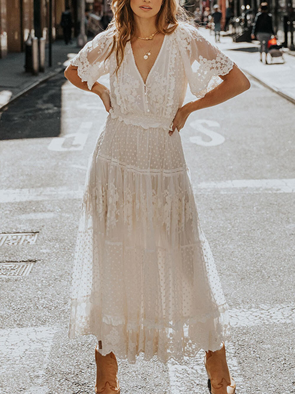 Women’s Midi Summer Cocktail Dress with V-Neck and Buttons