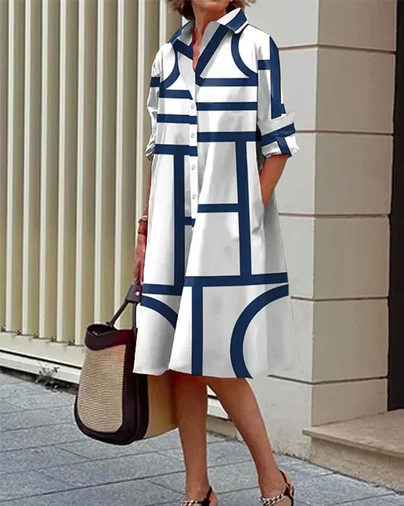 Women’s Geometric Print Dress | Midi with Pockets