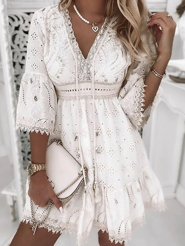 Women’s V-Neck Embroidered Mini Dress with Flared Sleeves