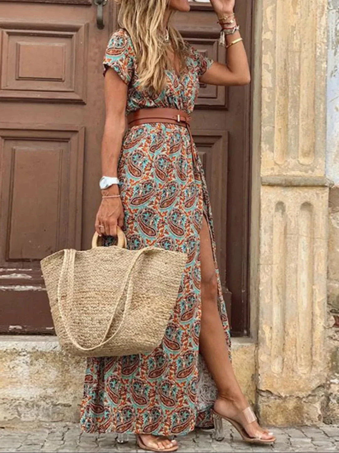 Women’s V-Neck Maxi Summer Dress with Tie Belt