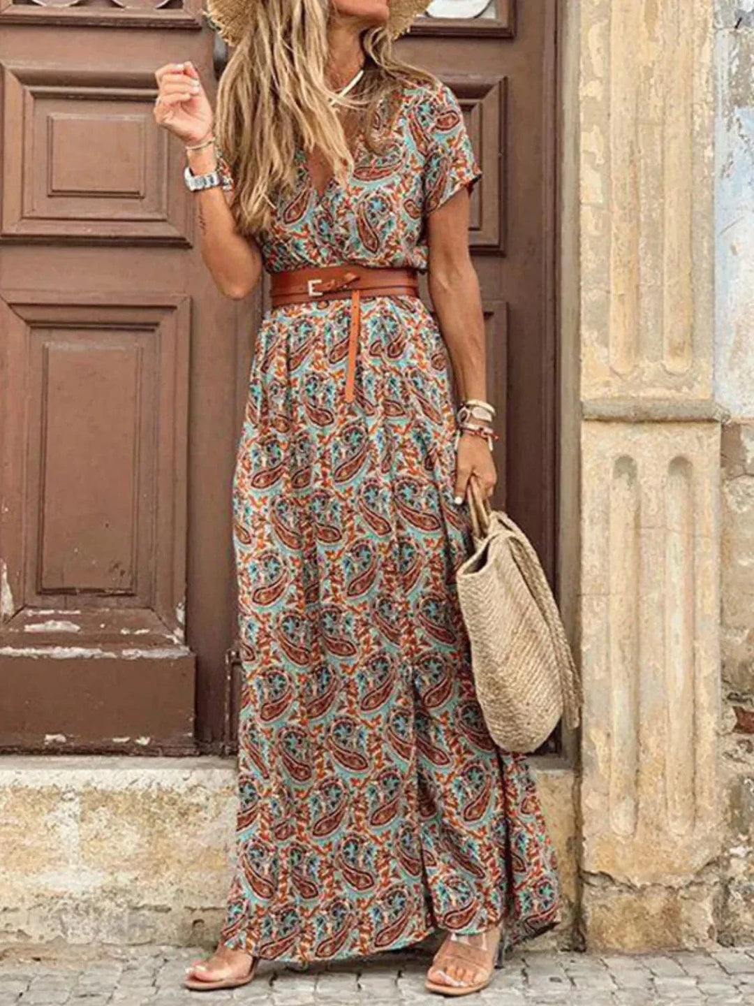 Women’s V-Neck Maxi Summer Dress with Tie Belt