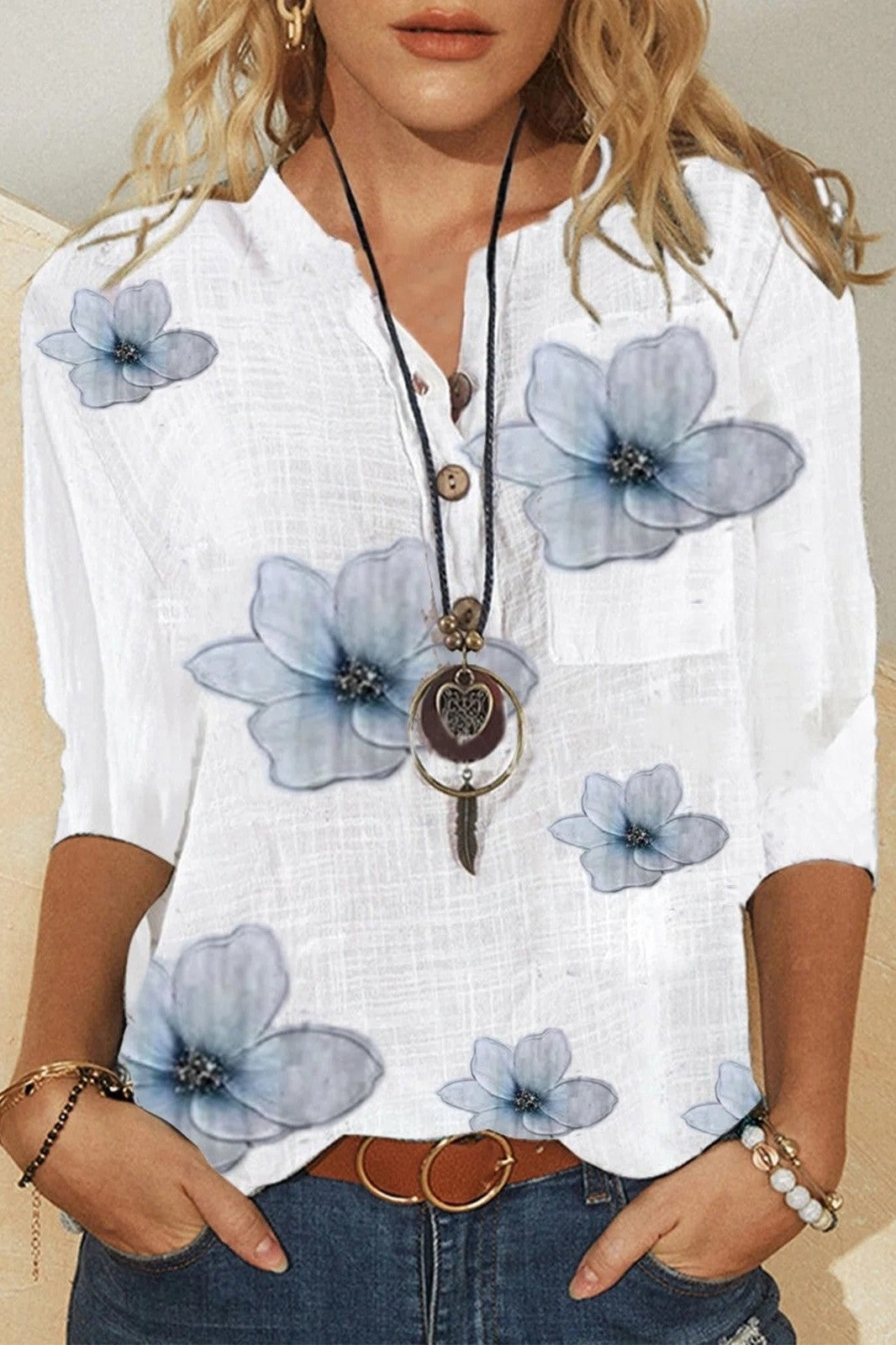 Women’s V-Neck Blouse with Floral Pattern and Half Sleeves