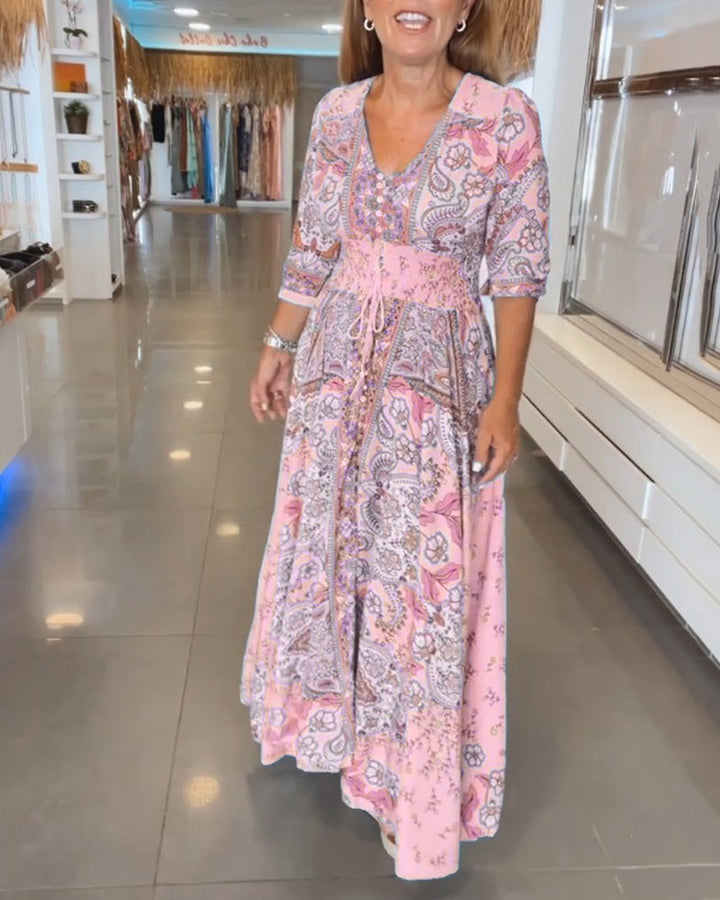 Women’s V-Neck Printed Dress With Adjustable Waist