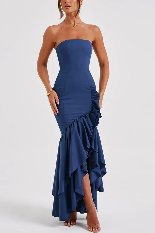 Women’s Strapless Ruffle Corset Maxi Dress with Asymmetrical Hem