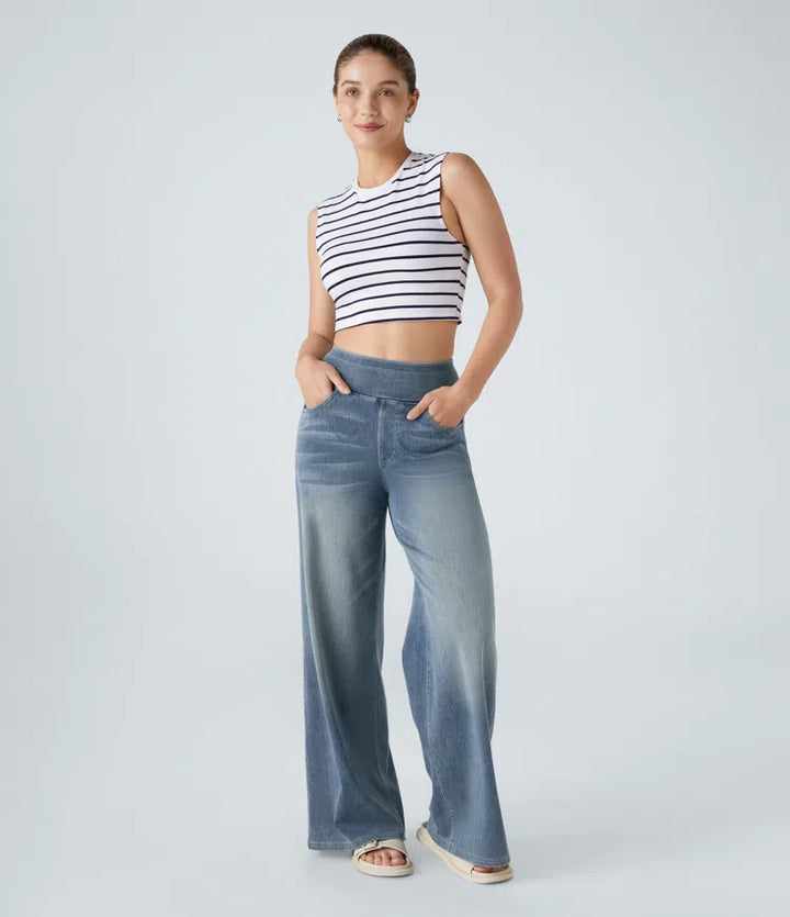 Women’s High Waist Denim Pants with Wide Legs and Waistband