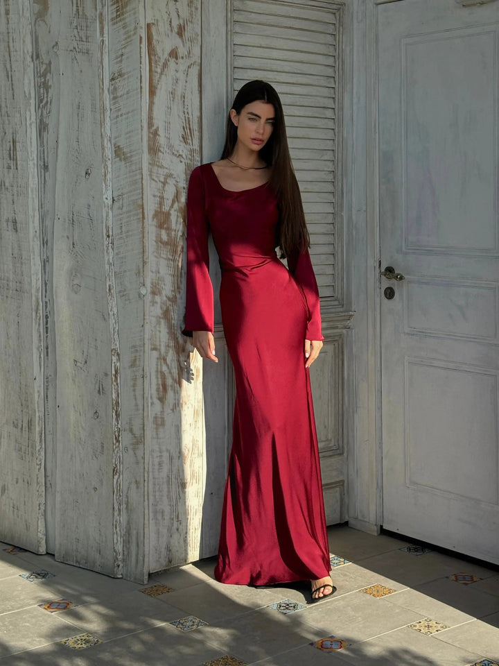 Women’s Satin Lace-Up Waist Maxi Dress with Long Fluted Sleeves