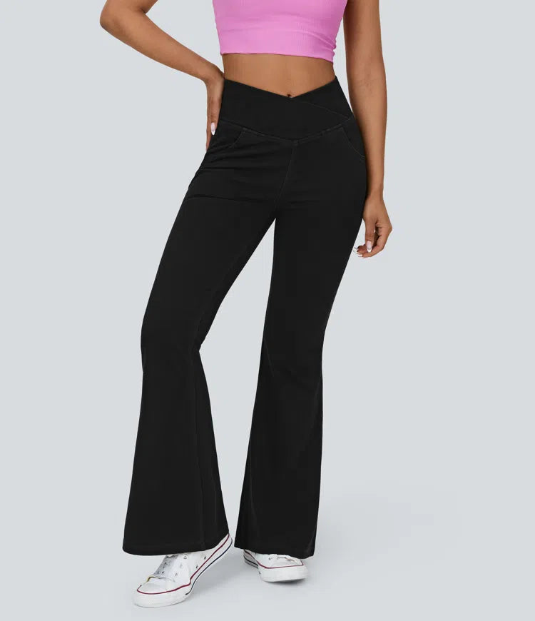 Women’s Flare Pants with High-Rise Crossover Waist and Pockets