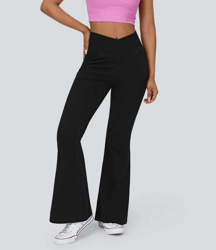 Women’s Flare Pants with High-Rise Crossover Waist and Pockets