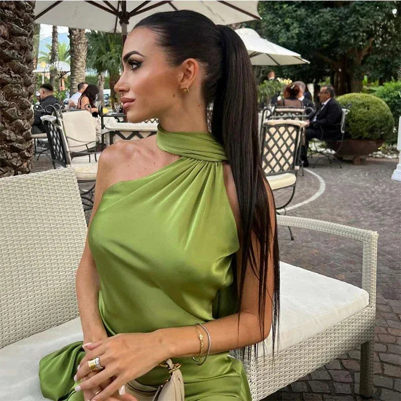 Women’s Satin One-Shoulder Cocktail Maxi Dress with Open Back