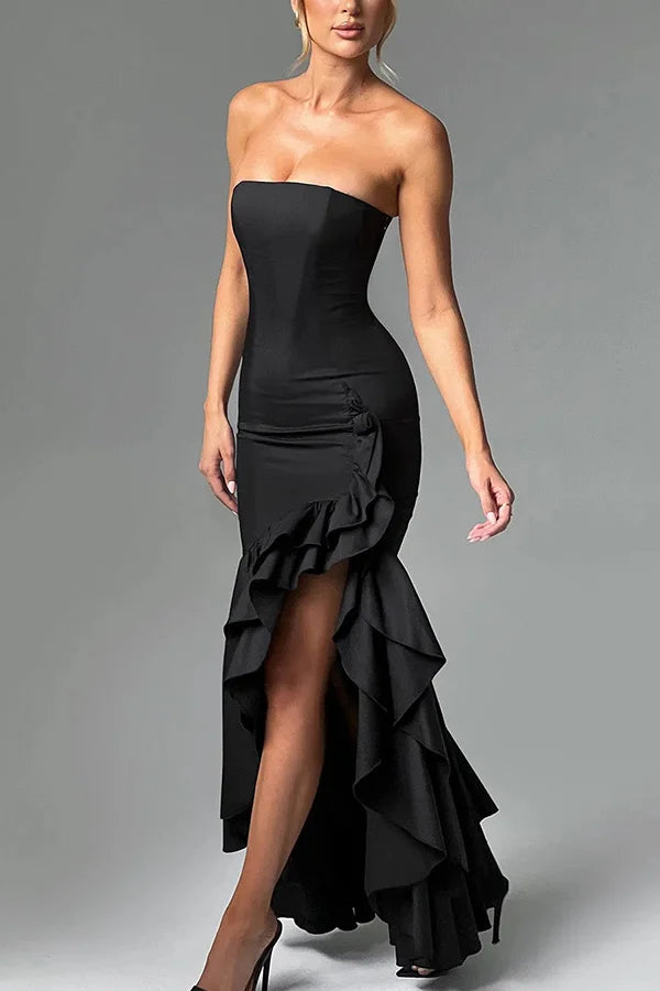 Women’s Strapless Ruffle Corset Maxi Dress with Asymmetrical Hem