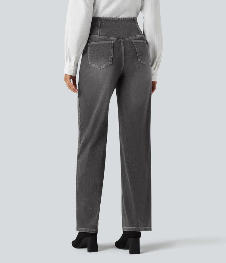 Women’s Crossover High Waisted Tummy Control Jeans with Straight Legs and Pockets