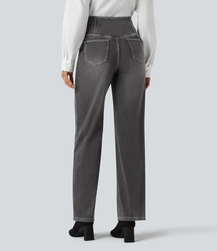 Women’s Crossover High Waisted Tummy Control Jeans with Straight Legs and Pockets