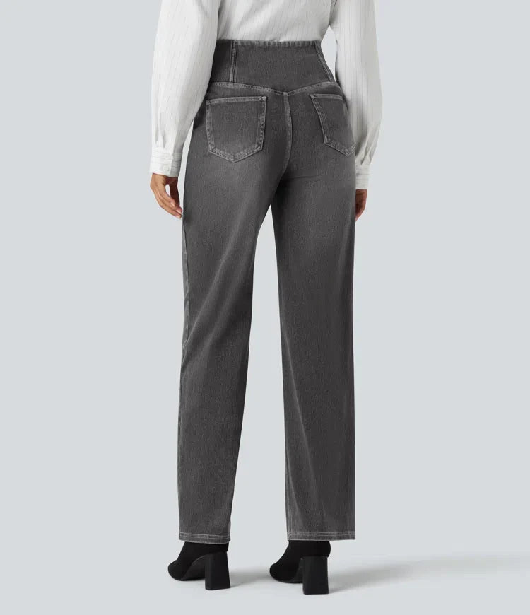 Women’s Crossover High Waisted Tummy Control Jeans with Straight Legs and Pockets