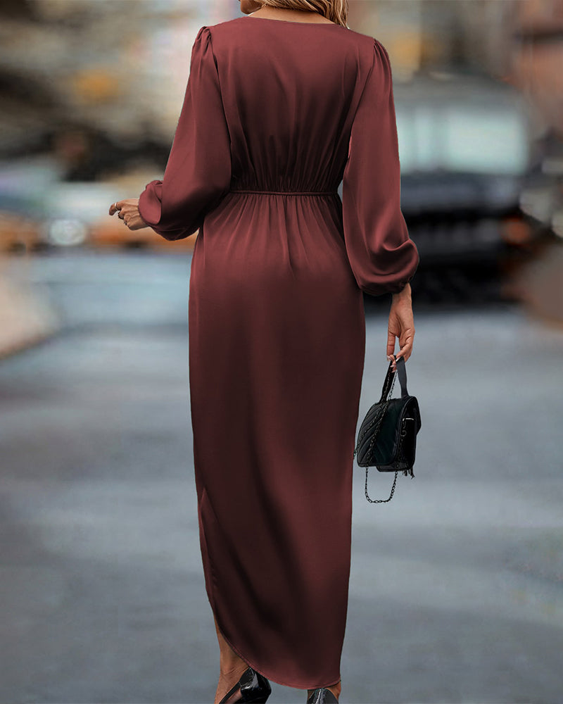 Women’s V-Neck Wrap Midi Dress with Long Sleeves