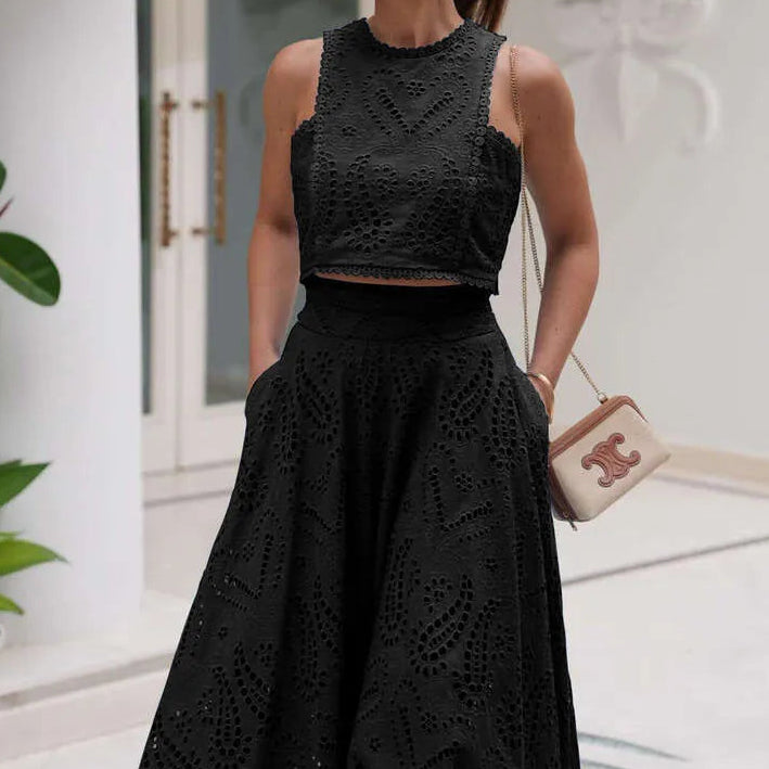 Women’s Embroidered High-Neck Crop Top Two Piece Set with A-Line Maxi Skirt