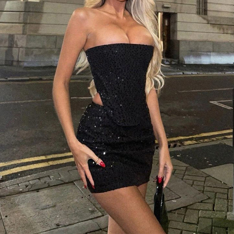 Women’s Sequin Strapless Top Two-Piece Set with Mini Skirt