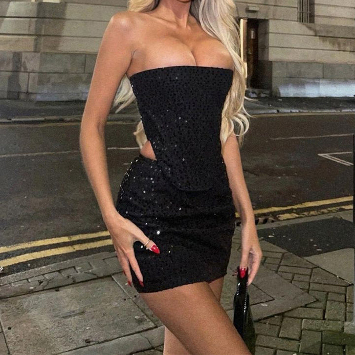 Women’s Sequin Strapless Top Two-Piece Set with Mini Skirt