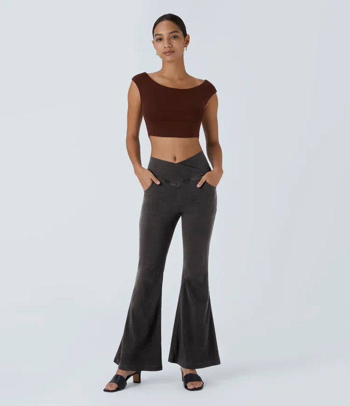 Women’s Flare Pants with High-Rise Crossover Waist and Pockets