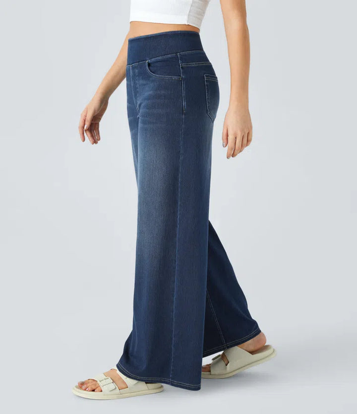 Women’s High Waist Denim Pants with Wide Legs and Waistband