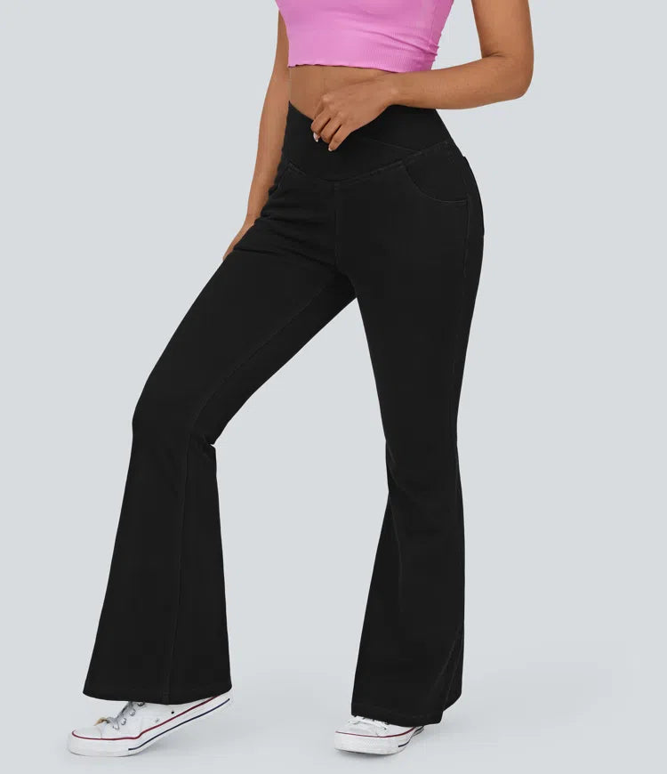 Women’s Flare Pants with High-Rise Crossover Waist and Pockets