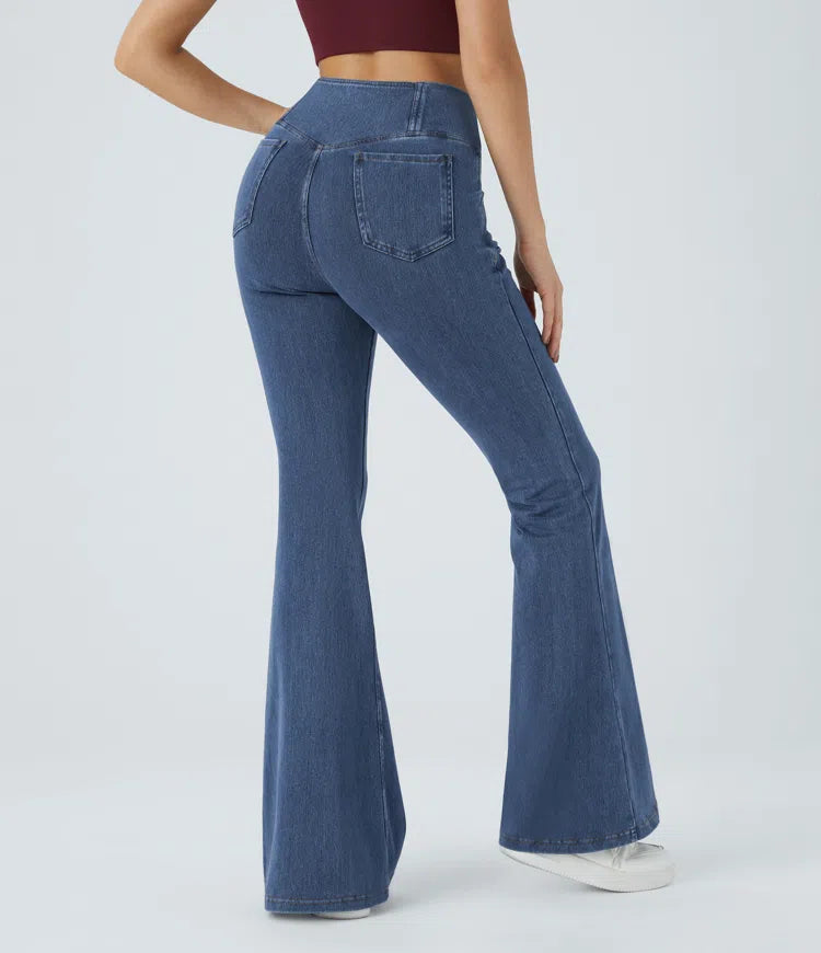 Women’s Flare Pants with High-Rise Crossover Waist and Pockets