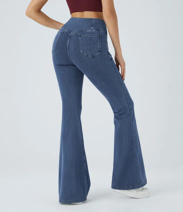 Women’s Flare Pants with High-Rise Crossover Waist and Pockets