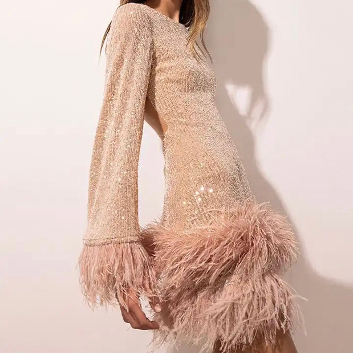 Women’s Long-Sleeve Sequin Cocktail Mini Dress with Feather Hem and Open Back