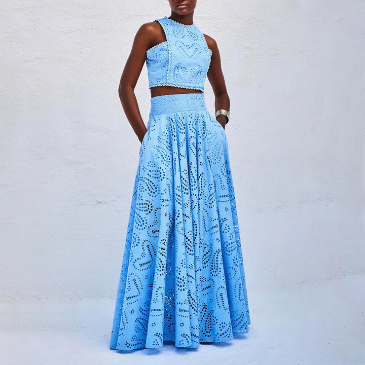 Women’s Embroidered High-Neck Crop Top Two Piece Set with A-Line Maxi Skirt