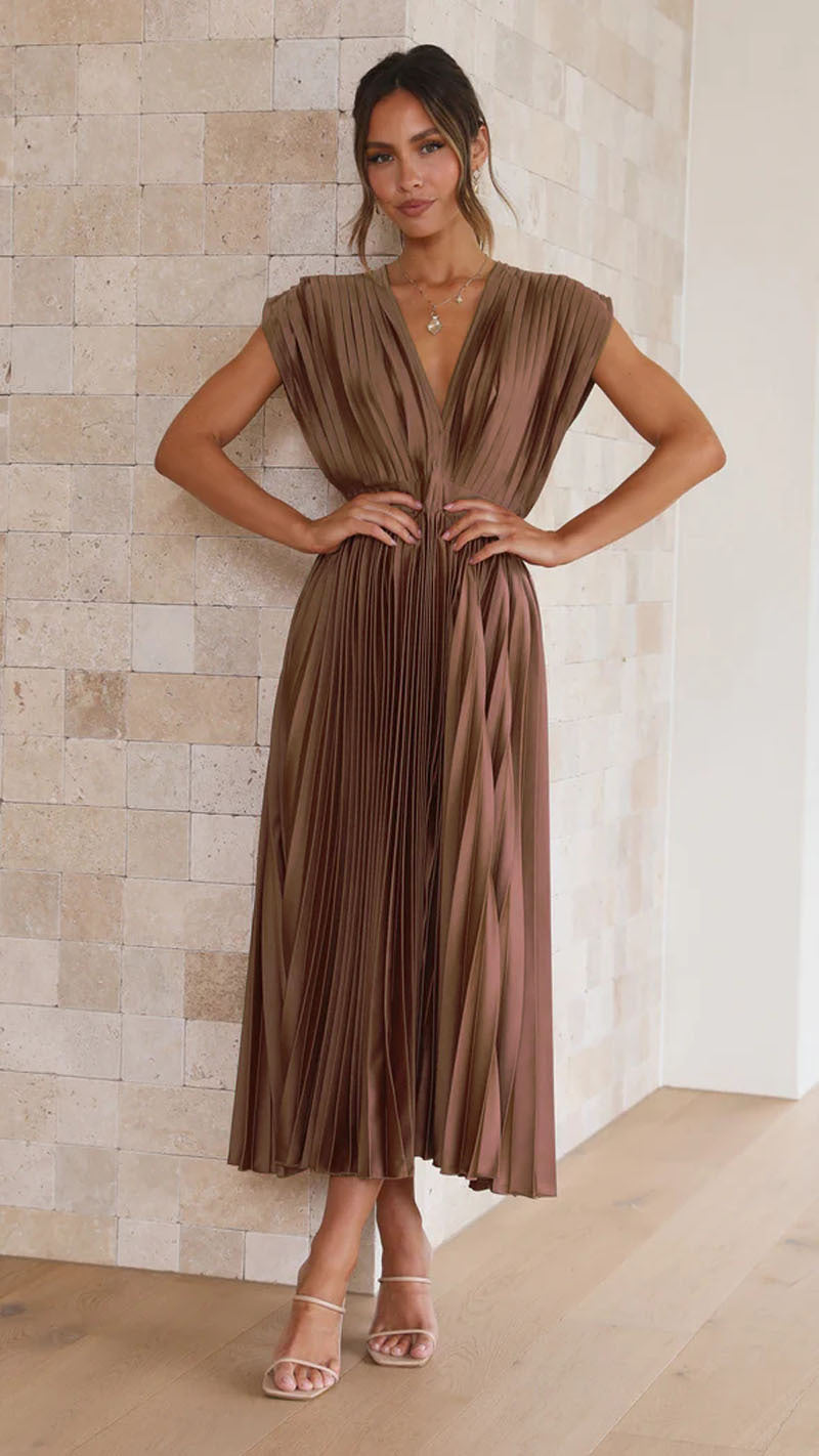 Women’s Midi Pleated V-Neck Sleeveless Dress