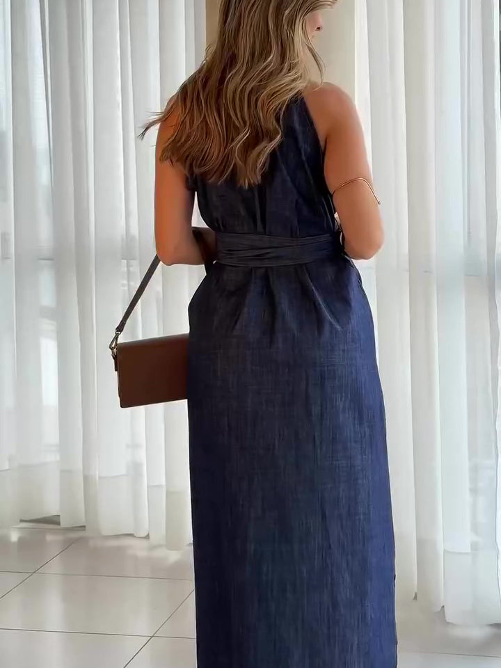 Women’s Sleeveless Button Front Shirt Maxi Dress with Tie Waist and Split Hem