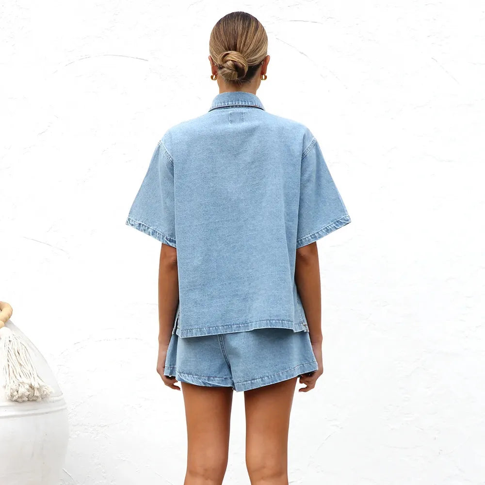 Women’s Denim Short-Sleeve Shirt Jacket Two Piece Set with Shorts