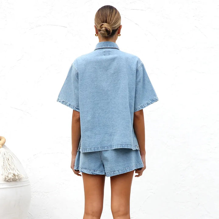 Women’s Denim Short-Sleeve Shirt Jacket Two Piece Set with Shorts