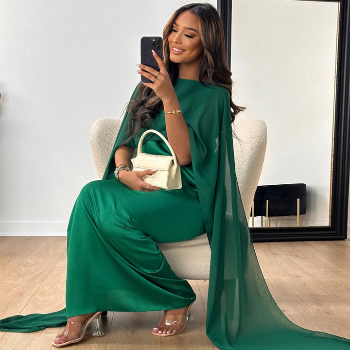 Women's Satin Maxi Dress with Round Neck