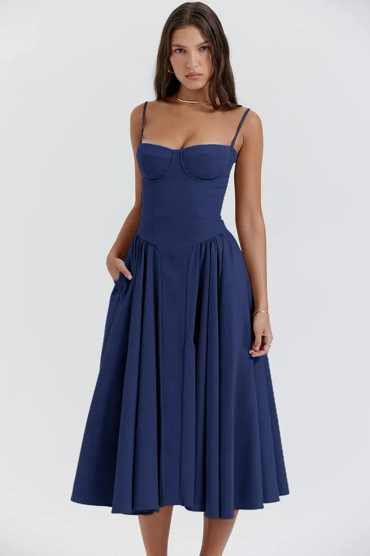 Women’s Bustier Midi Dress with Full Gathered Skirt