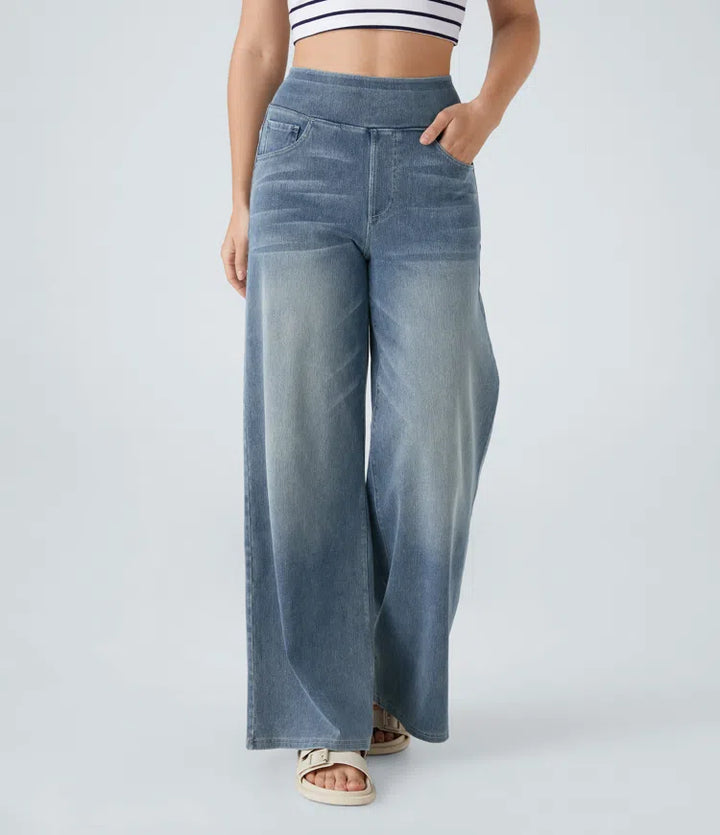 Women’s High Waist Denim Pants with Wide Legs and Waistband
