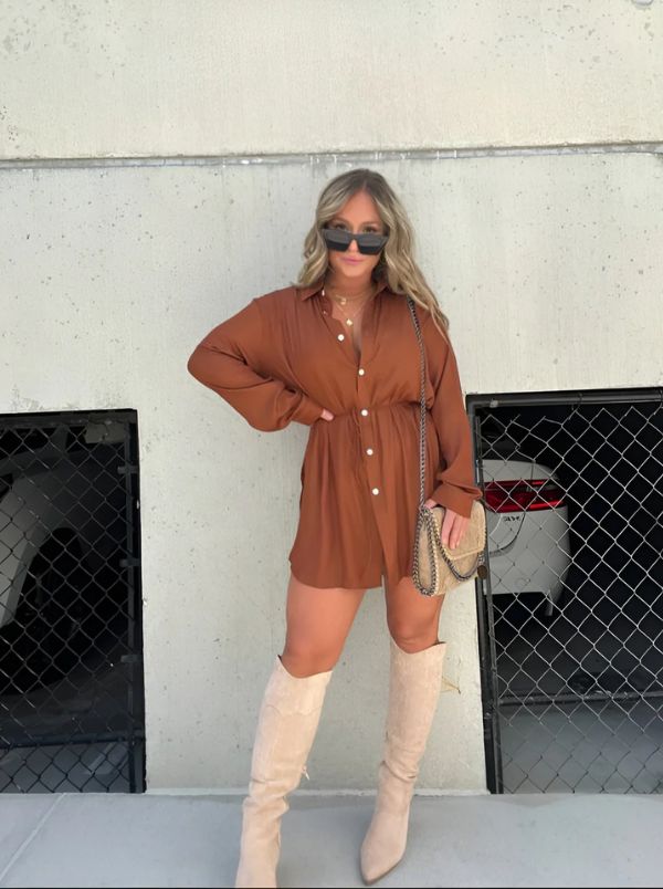 Women’s Long Sleeve Button-Front Shirt Playsuit Dress with Adjustable Waist Tie and Built-In Shorts