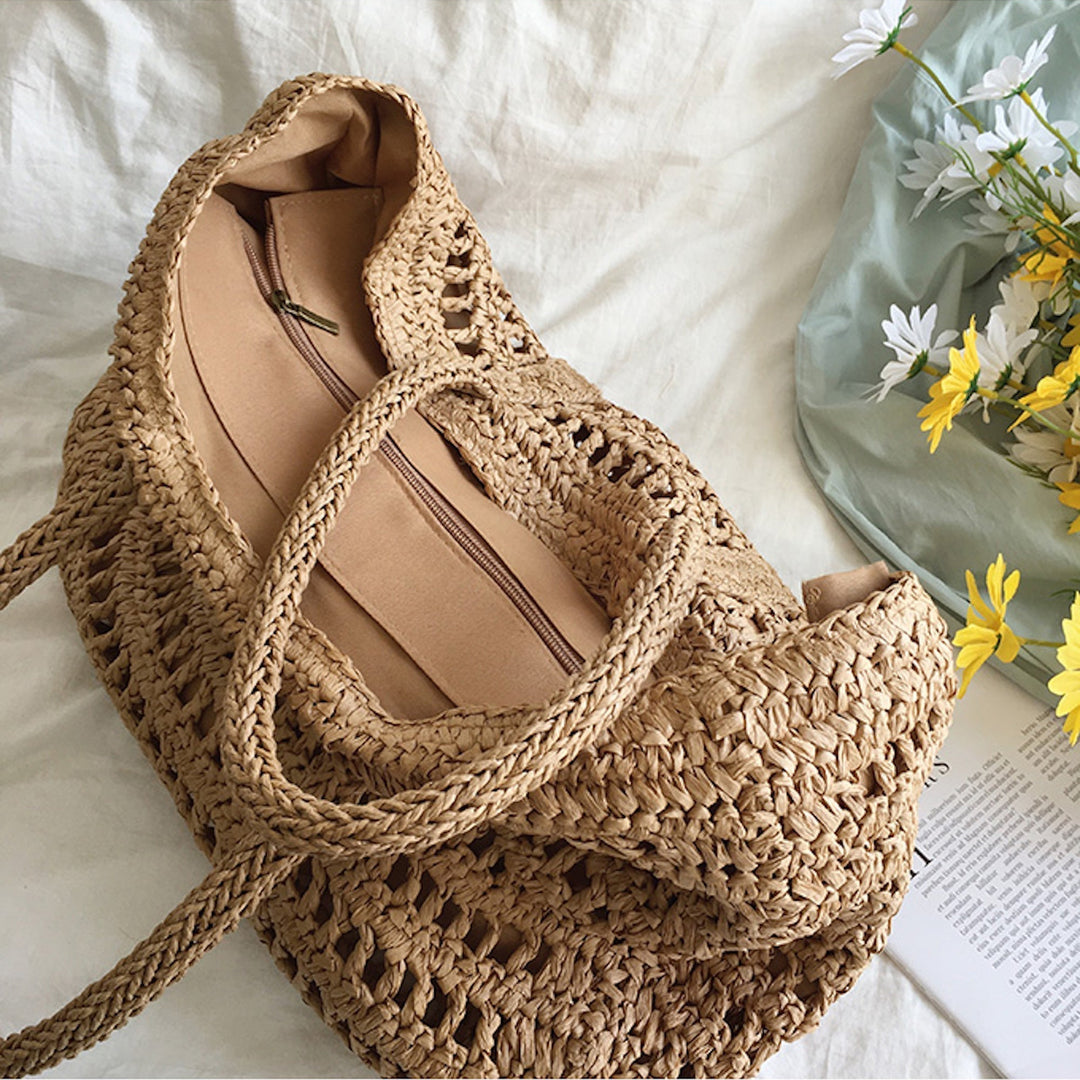 Women’s Woven Beach Tote Bag with Zip Closure