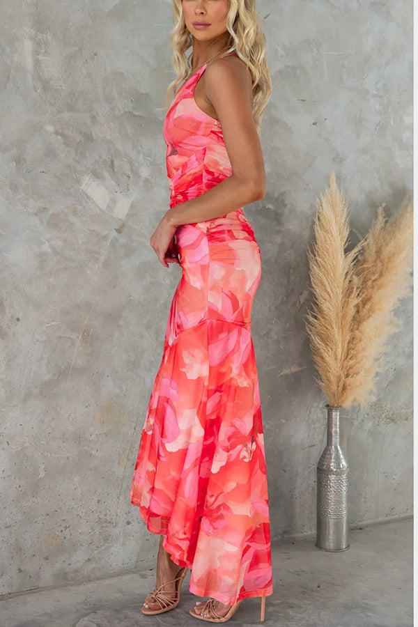 Women’s One-Shoulder Floral Maxi Dress with Ruching